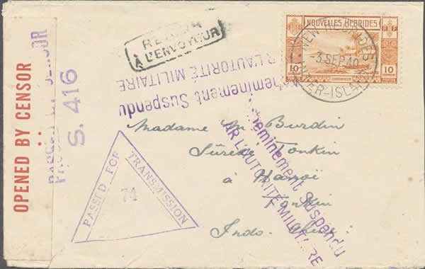 Lettre des Nouvelles-Hébrides refoulée